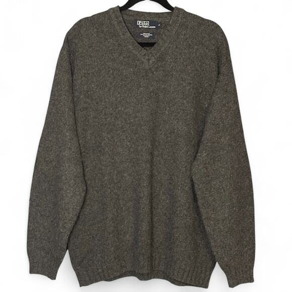 Polo Ralph Lauren Sweater Sz L Gray Cotton Wool Alpaca V Neck Suede Patches Y2K - Picture 1 of 8